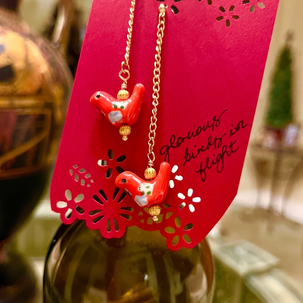 Whimsical Red Orange Bird Dangling Earrings - Picture 5 of 5